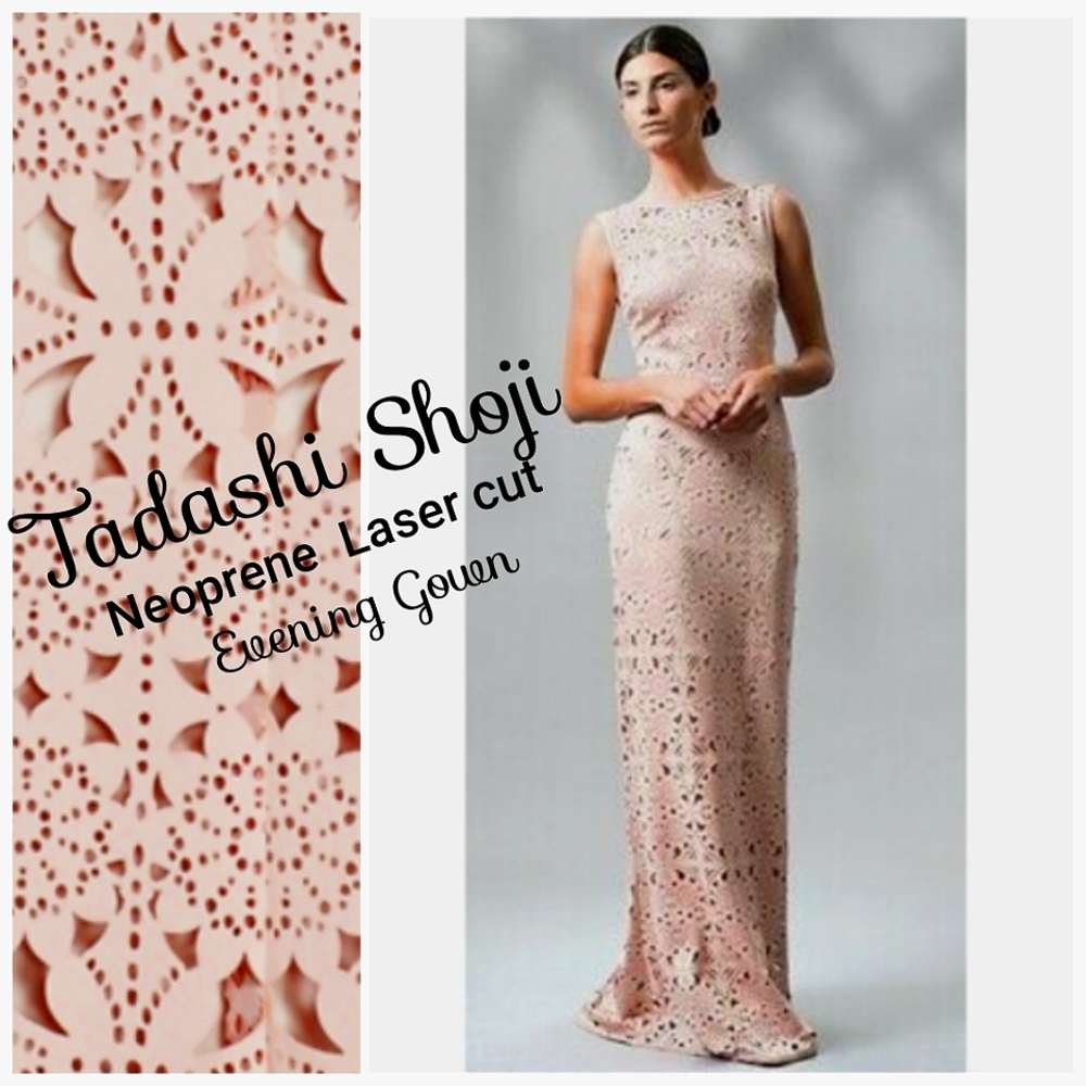 Tadashi Shoji Soft  Tan Peach Neoprene Lasercut Sleeveless Evening Gown